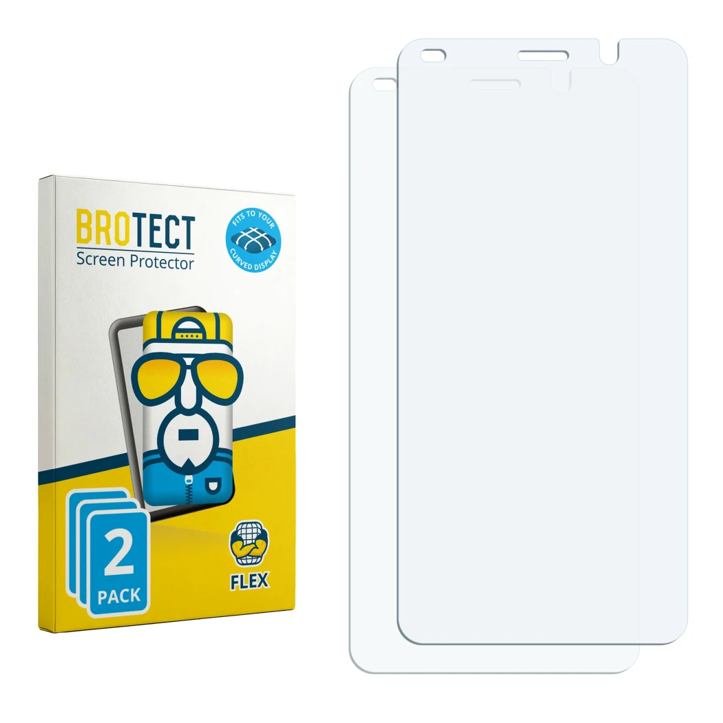 Face avant d’un emballage produit avec le logo de la marque BROTECT. À côté se trouve la protection d’écran correspondante.