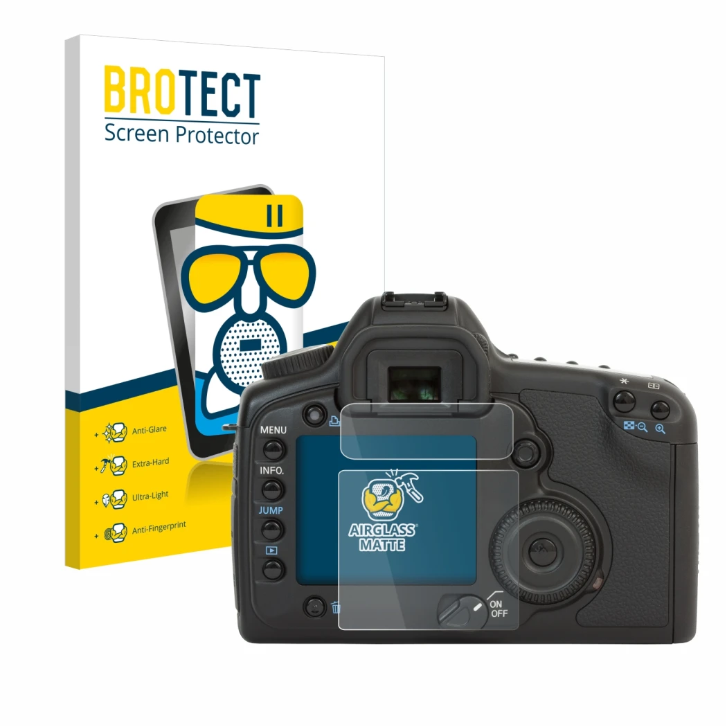 Face avant d’un emballage produit avec le logo de la marque BROTECT. À côté, l’appareil Canon EOS 5D est représenté avec la pr