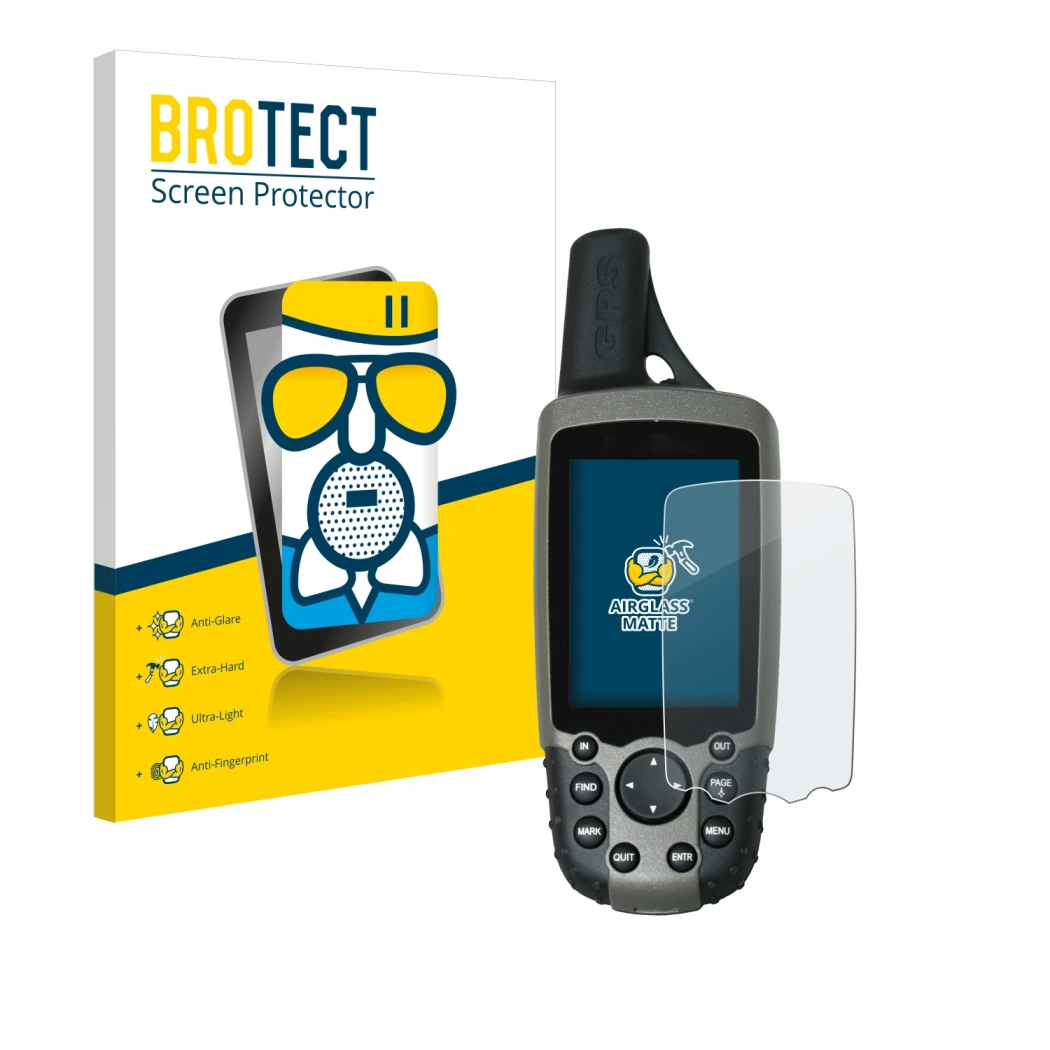 Face avant d’un emballage produit avec le logo de la marque BROTECT. À côté, l’appareil Garmin GPSMAP 60CSx est représenté ave