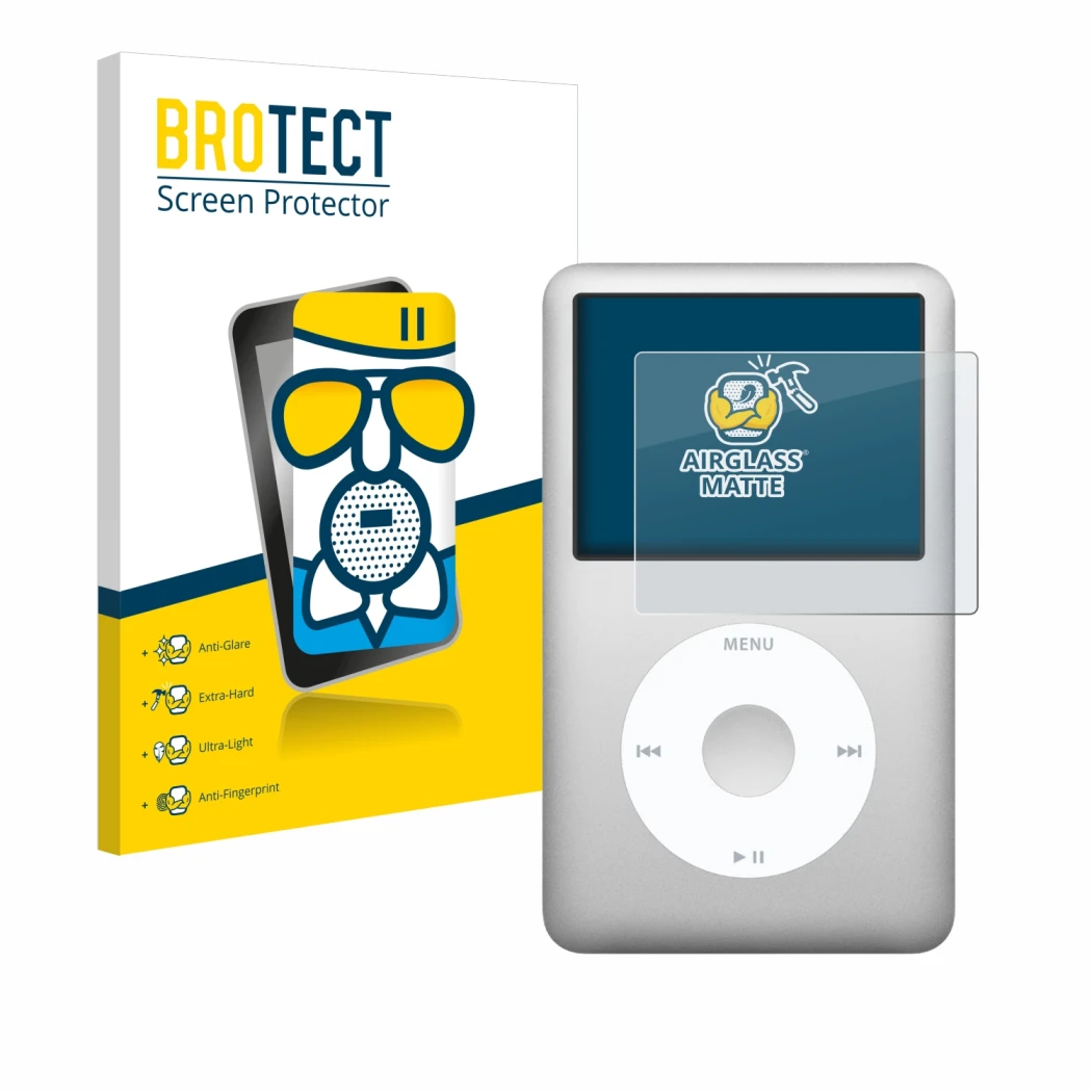 Face avant d’un emballage produit avec le logo de la marque BROTECT. À côté, l’appareil Apple iPod classic 160 GB (7ème Gen.) 