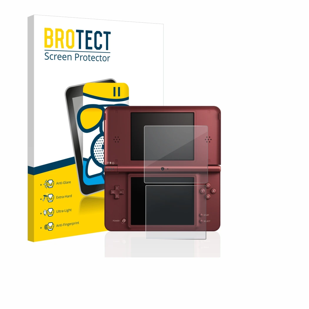 Face avant d’un emballage produit avec le logo de la marque BROTECT. À côté, l’appareil Nintendo DSi XL est représenté avec la