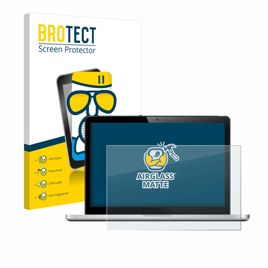 Face avant d’un emballage produit avec le logo de la marque BROTECT. À côté, l’appareil est représenté avec la protection d’éc