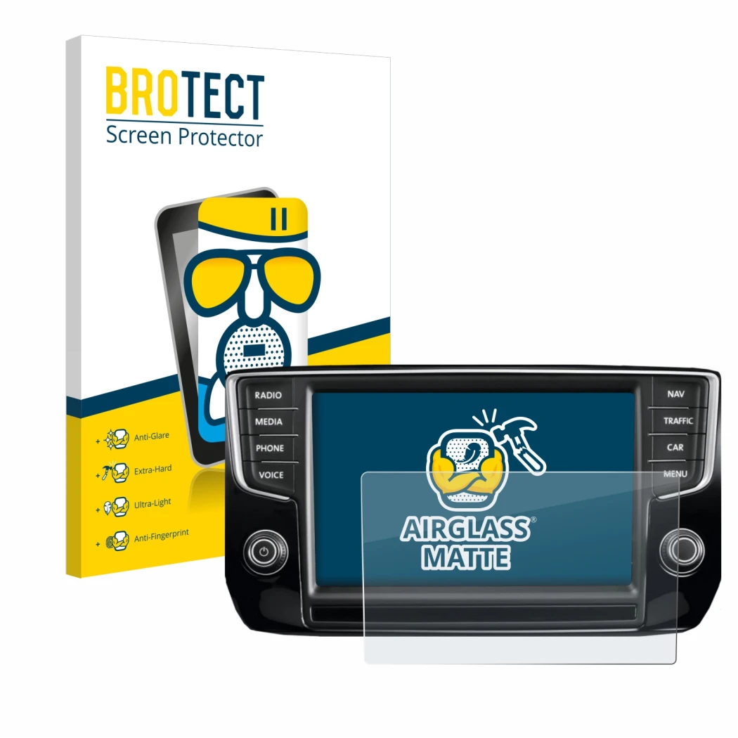 Face avant d’un emballage produit avec le logo de la marque BROTECT. À côté, l’appareil Volkswagen Passat 2015 Discover Pro 8