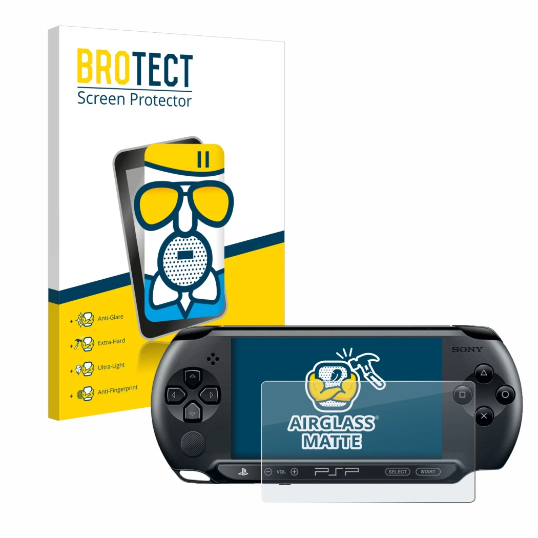 Face avant d’un emballage produit avec le logo de la marque BROTECT. À côté, l’appareil Sony PSP 1004 est représenté avec la p