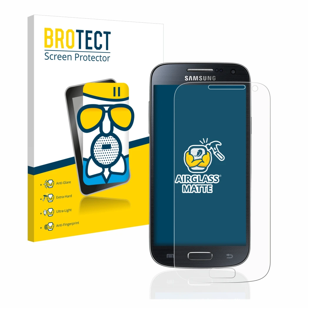 Face avant d’un emballage produit avec le logo de la marque BROTECT. À côté, l’appareil Samsung Galaxy S4 Mini est représenté 