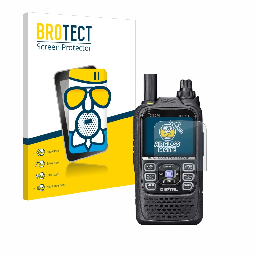 Face avant d’un emballage produit avec le logo de la marque BROTECT. À côté, l’appareil Icom ID-51 est représenté avec la prot