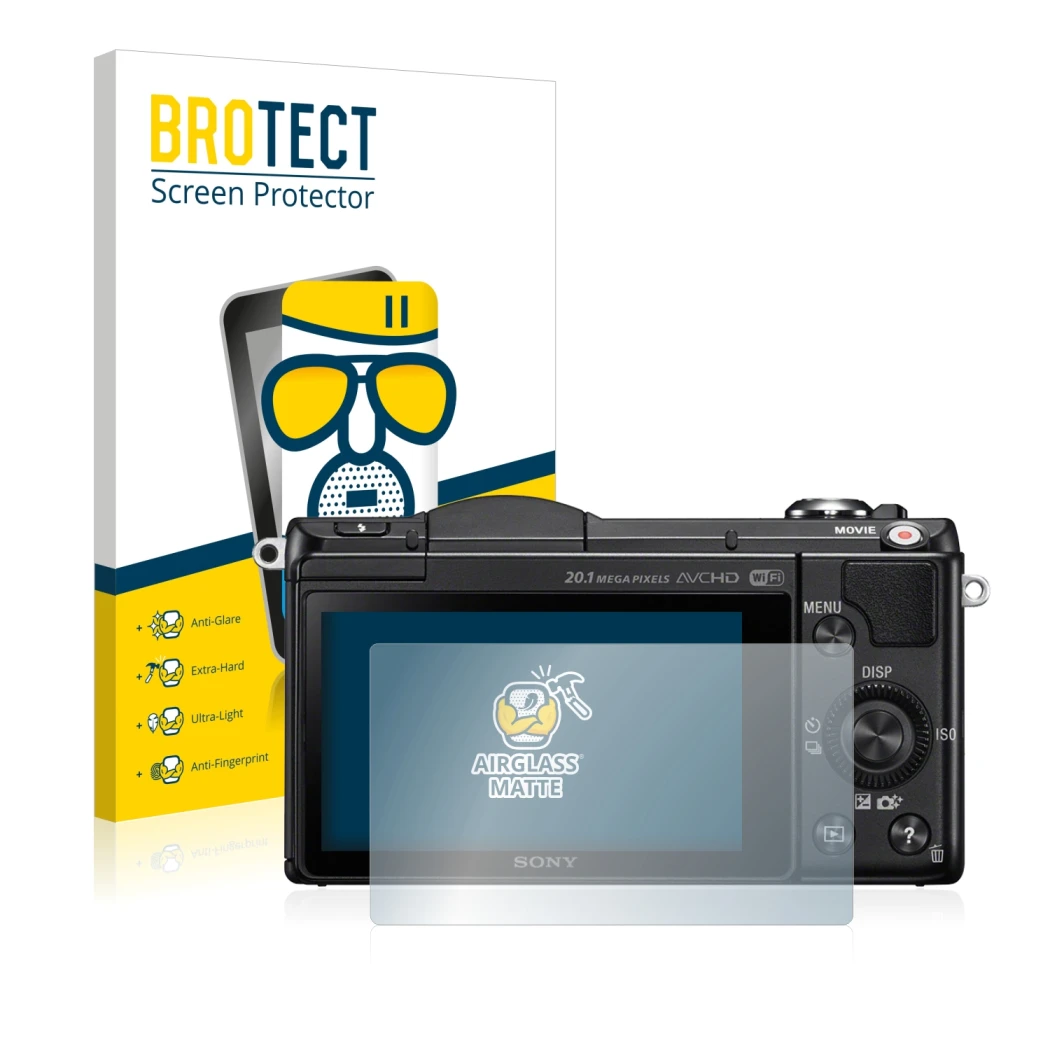 Face avant d’un emballage produit avec le logo de la marque BROTECT. À côté, l’appareil Sony Alpha 5000 (DSLR-A5000) est repré