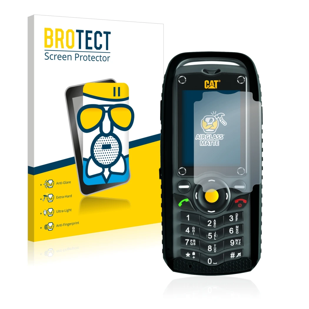 Face avant d’un emballage produit avec le logo de la marque BROTECT. À côté, l’appareil Caterpillar Cat B25 est représenté ave