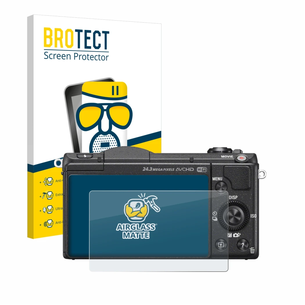 Face avant d’un emballage produit avec le logo de la marque BROTECT. À côté, l’appareil Sony Alpha 5100 (DSLR-A5100) est repré