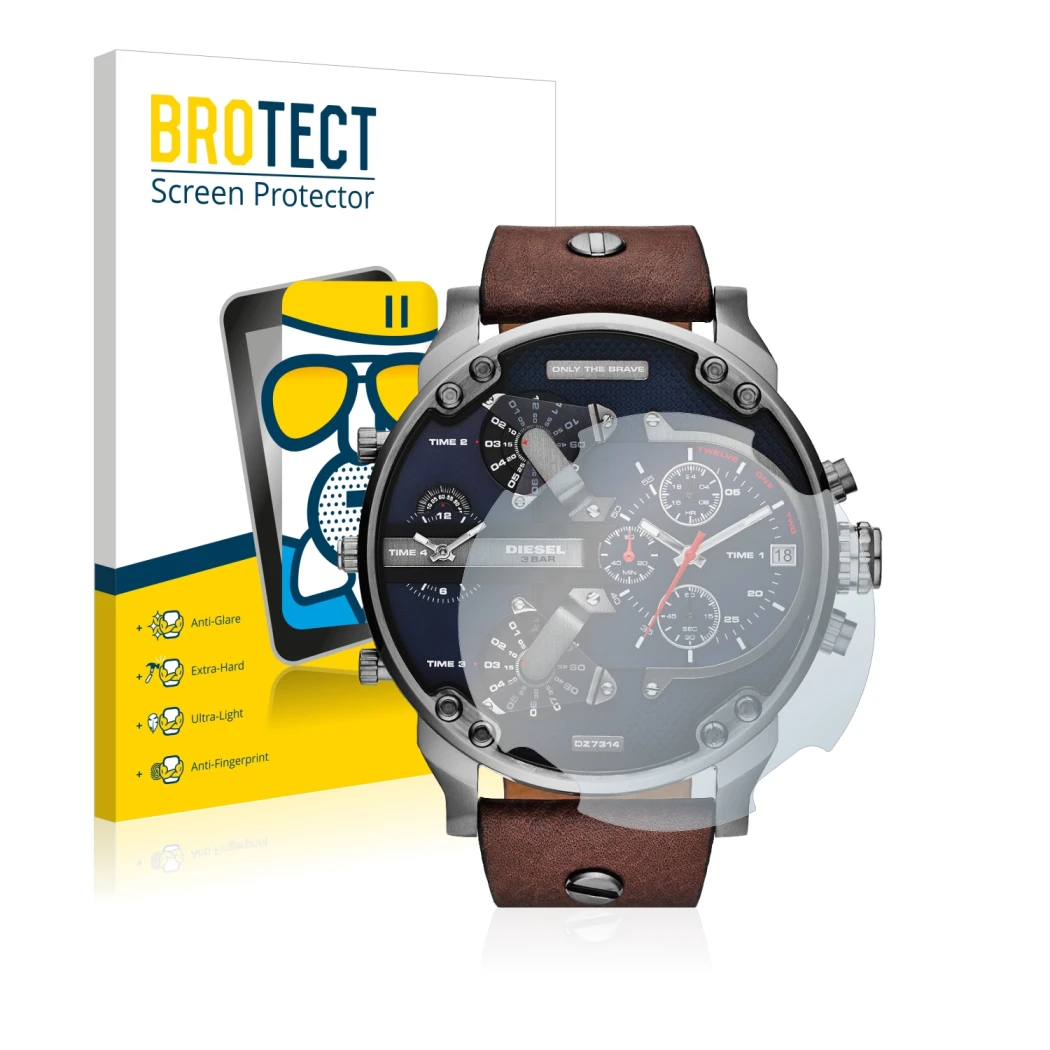Face avant d’un emballage produit avec le logo de la marque BROTECT. À côté, l’appareil Diesel DZ7314 Mr. Daddy est représenté