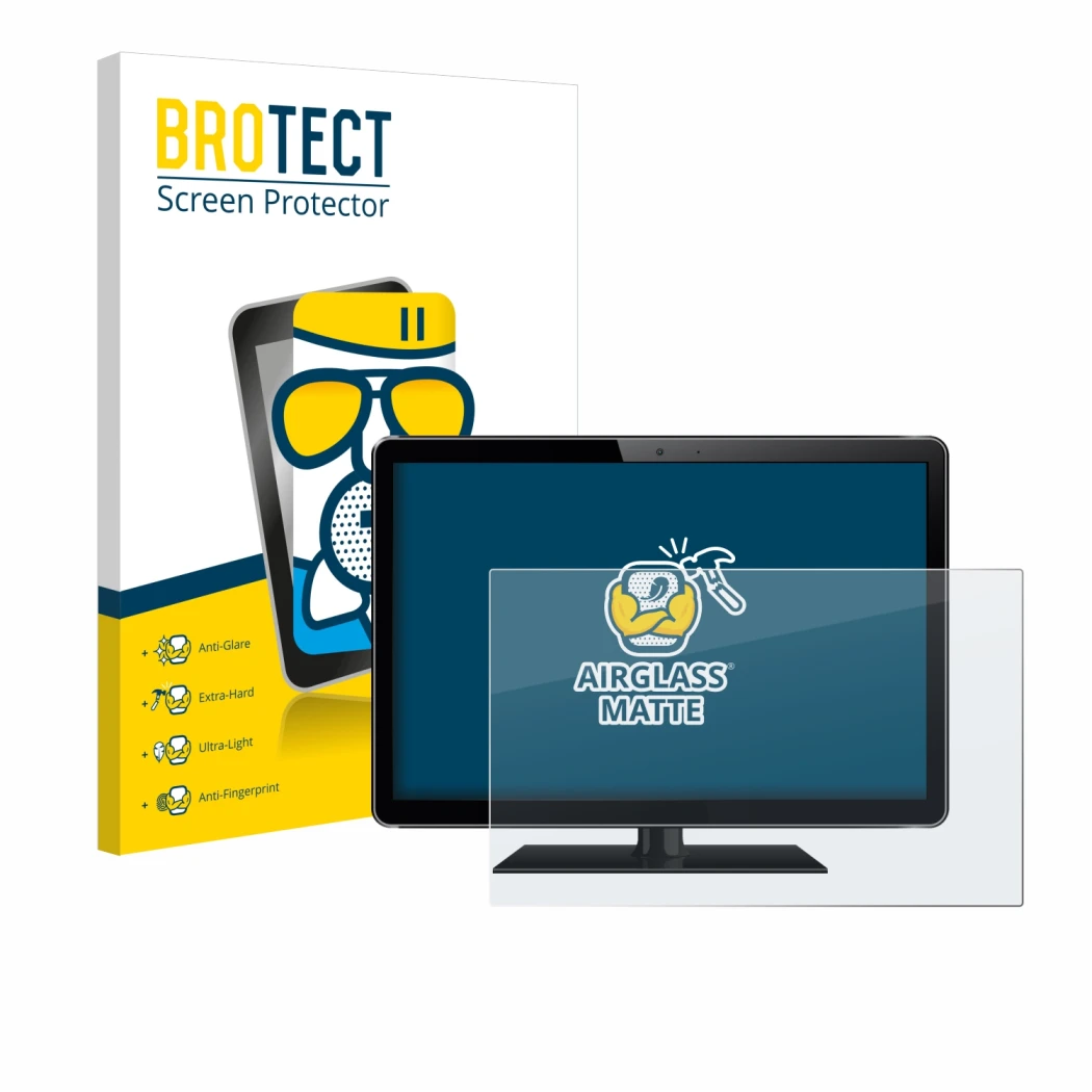 Face avant d’un emballage produit avec le logo de la marque BROTECT. À côté, l’appareil est représenté avec la protection d’éc