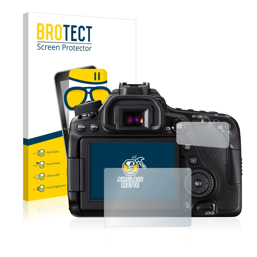 Face avant d’un emballage produit avec le logo de la marque BROTECT. À côté, l’appareil Canon EOS 80D est représenté avec la p
