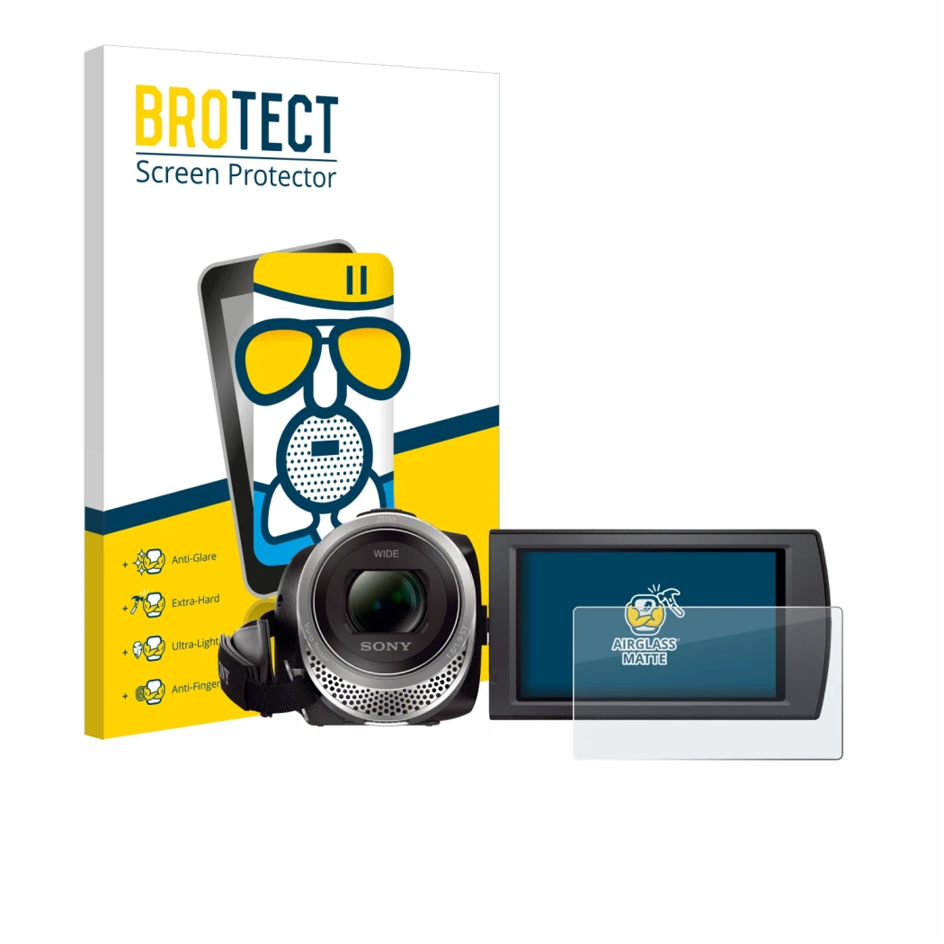 Face avant d’un emballage produit avec le logo de la marque BROTECT. À côté, l’appareil Sony FDR-AX53 est représenté avec la p