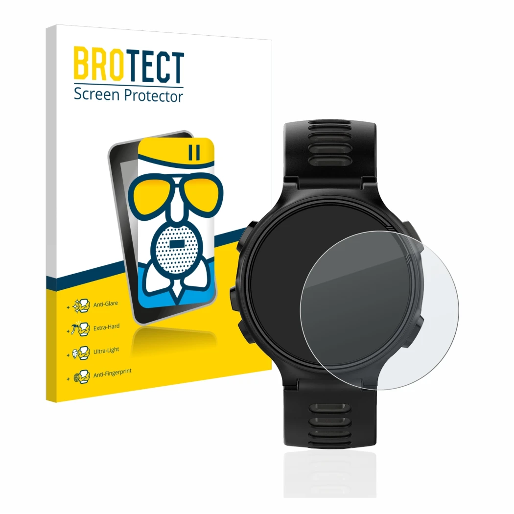 Face avant d’un emballage produit avec le logo de la marque BROTECT. À côté, l’appareil Garmin Forerunner 735XT est représenté