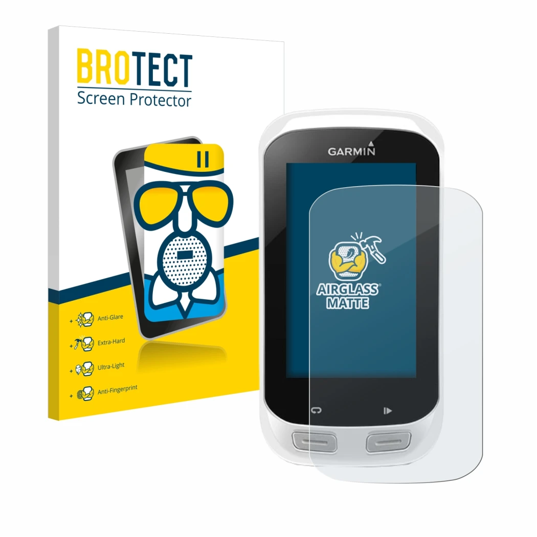 Face avant d’un emballage produit avec le logo de la marque BROTECT. À côté, l’appareil Garmin Edge Explore 1000 est représent