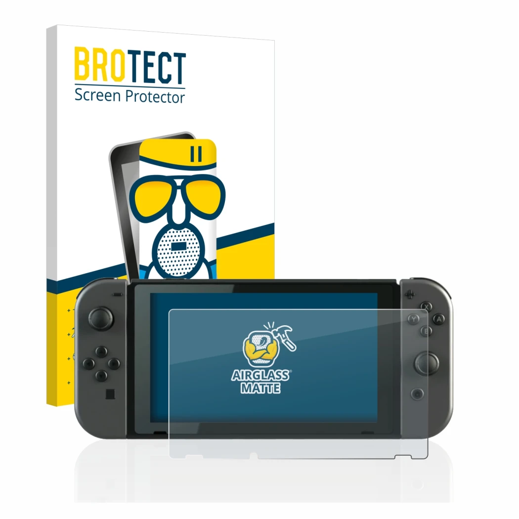 Face avant d’un emballage produit avec le logo de la marque BROTECT. À côté, l’appareil Nintendo Switch est représenté avec la