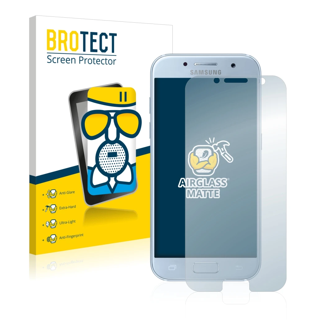 Face avant d’un emballage produit avec le logo de la marque BROTECT. À côté, l’appareil Samsung Galaxy A5 2017 est représenté 