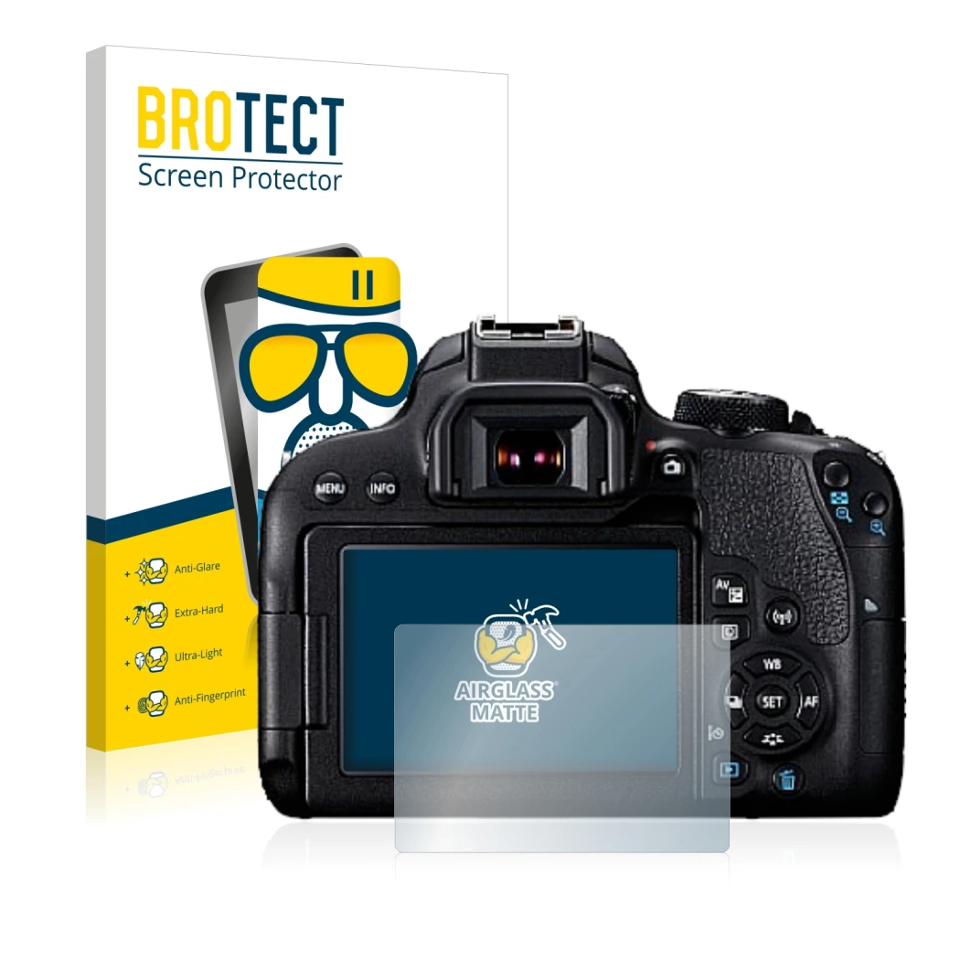 Face avant d’un emballage produit avec le logo de la marque BROTECT. À côté, l’appareil Canon EOS 800D est représenté avec la 