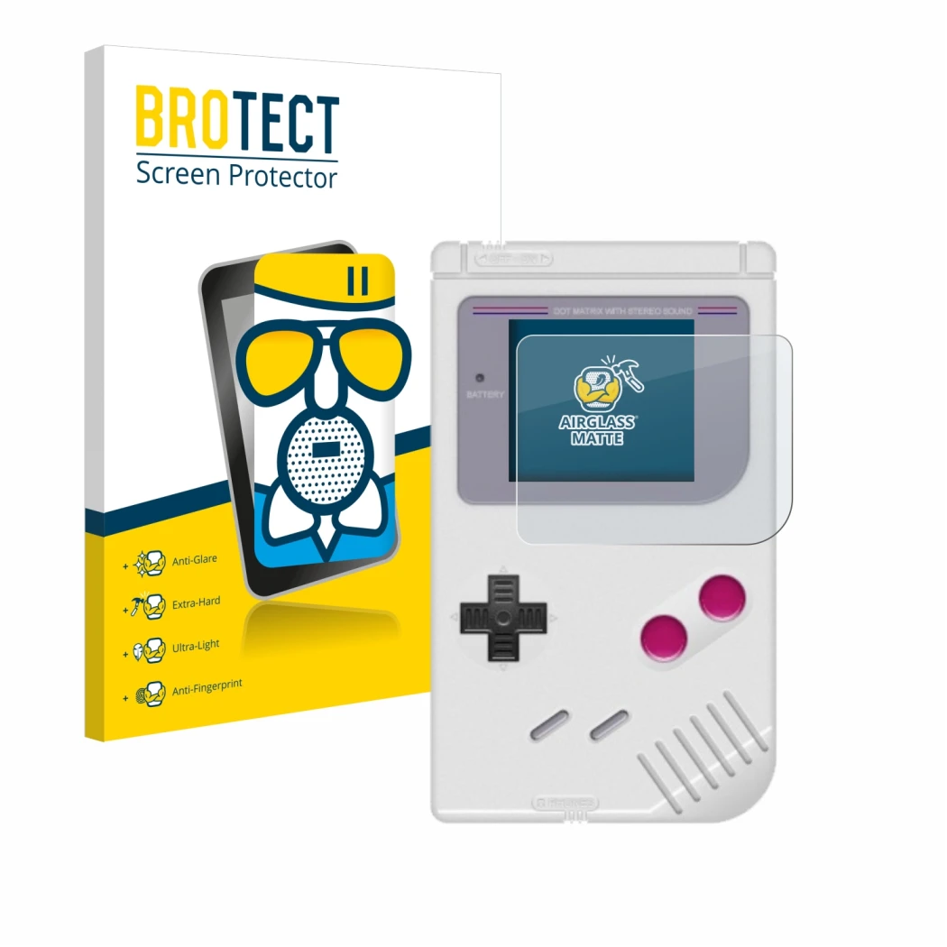 Face avant d’un emballage produit avec le logo de la marque BROTECT. À côté, l’appareil Nintendo Gameboy (1989) est représenté