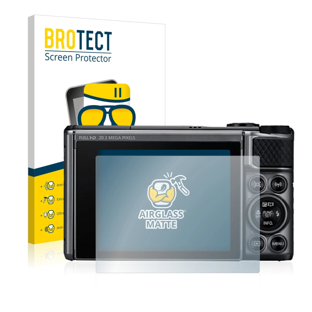 Face avant d’un emballage produit avec le logo de la marque BROTECT. À côté, l’appareil Canon PowerShot SX730 HS est représent