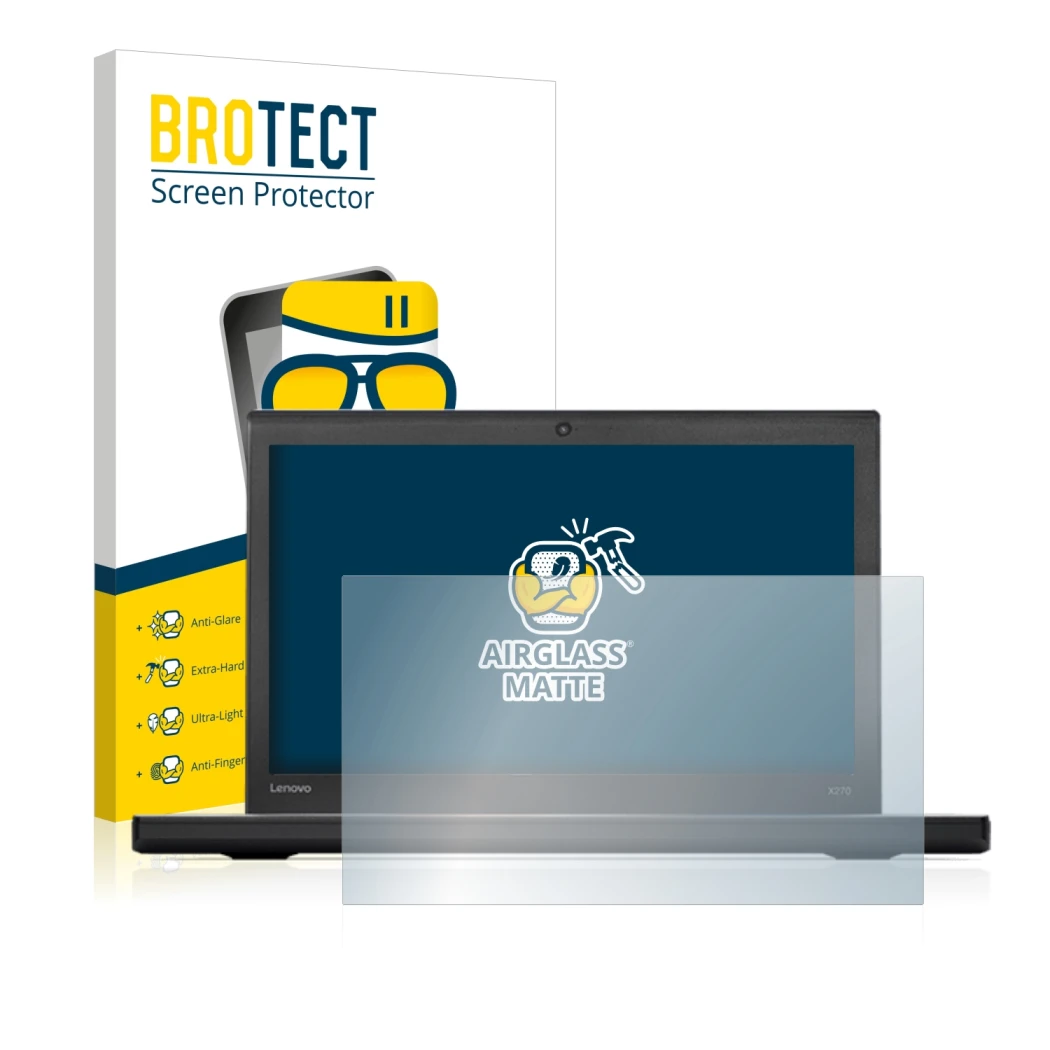 Face avant d’un emballage produit avec le logo de la marque BROTECT. À côté, l’appareil Lenovo ThinkPad X270 est représenté av