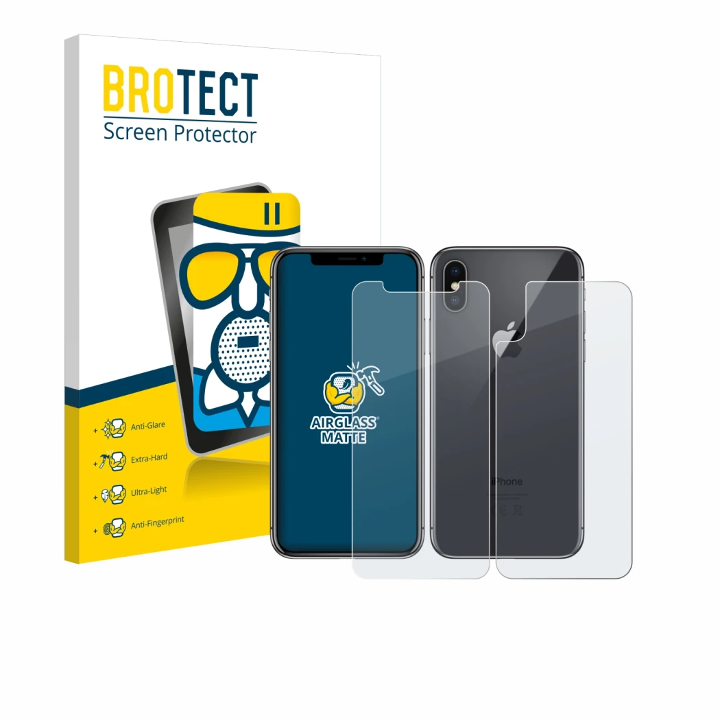 Face avant d’un emballage produit avec le logo de la marque BROTECT. À côté, l’appareil Apple iPhone X (Avant+Arrière) est rep