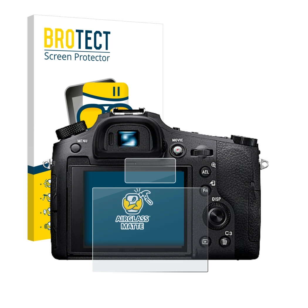 Face avant d’un emballage produit avec le logo de la marque BROTECT. À côté, l’appareil Sony Cyber-Shot DSC-RX10 IV est représ