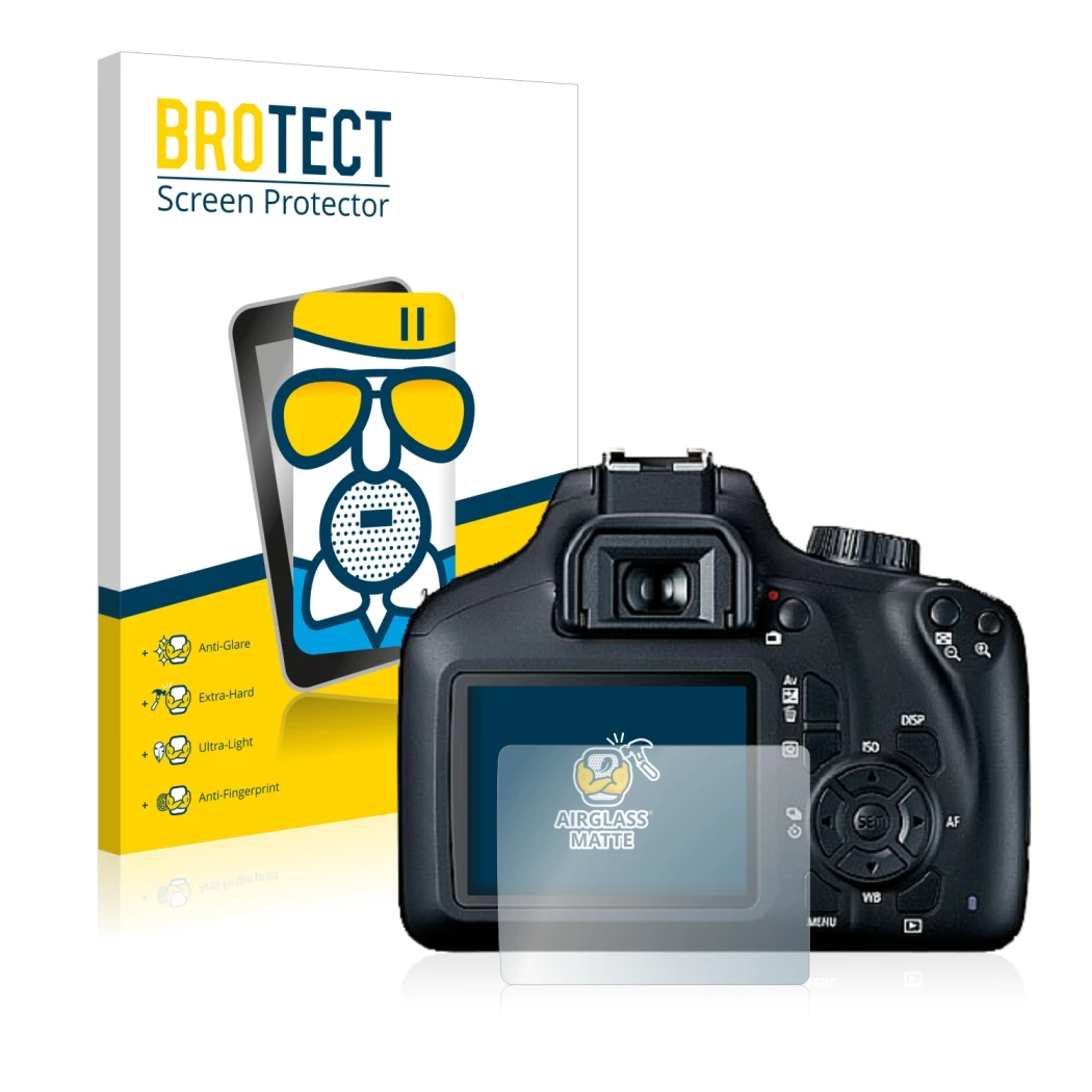 Face avant d’un emballage produit avec le logo de la marque BROTECT. À côté, l’appareil Canon EOS 4000D est représenté avec la