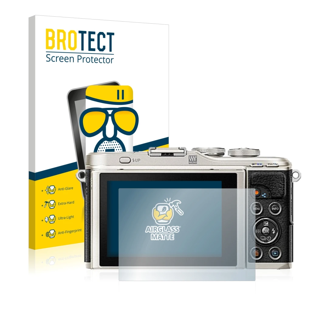 Face avant d’un emballage produit avec le logo de la marque BROTECT. À côté, l’appareil Olympus PEN E-PL9 est représenté avec 