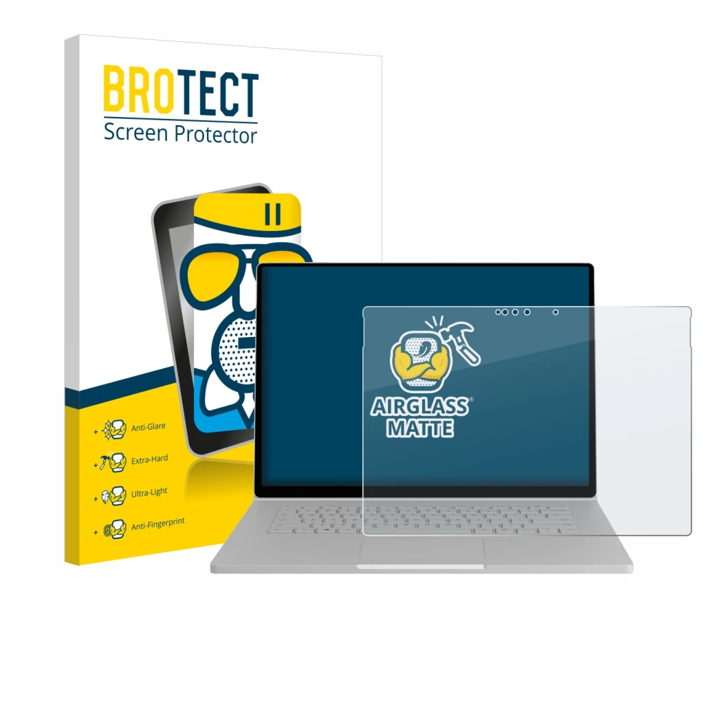 Face avant d’un emballage produit avec le logo de la marque BROTECT. À côté, l’appareil Microsoft Surface Book 2 15