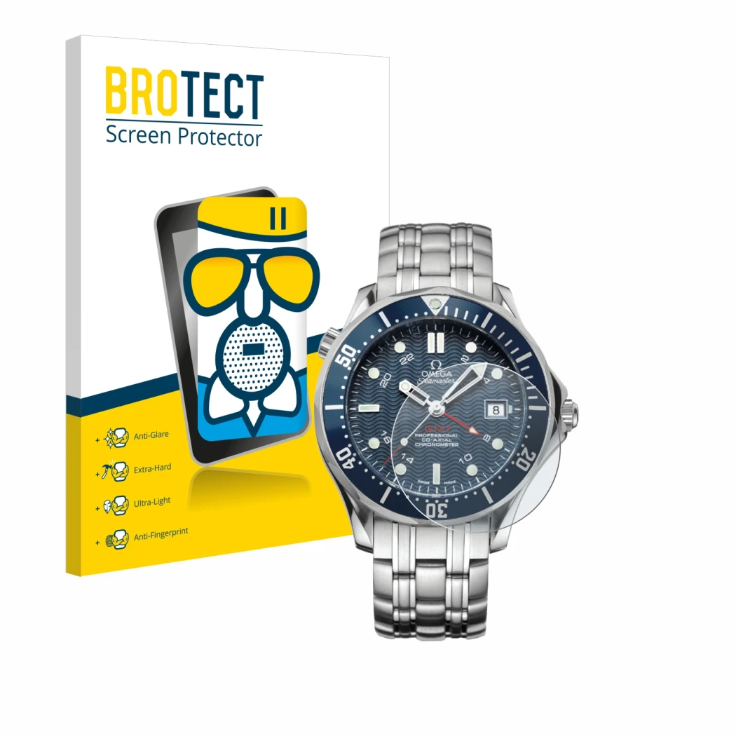 Face avant d’un emballage produit avec le logo de la marque BROTECT. À côté, l’appareil Omega Seamaster Diver (41 mm) est repr