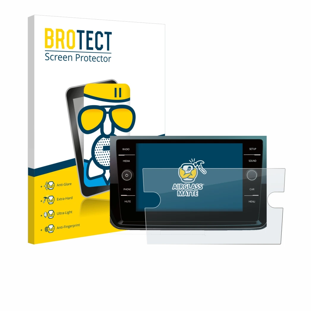 Face avant d’un emballage produit avec le logo de la marque BROTECT. À côté, l’appareil Volkswagen Polo 2018 Composition Media