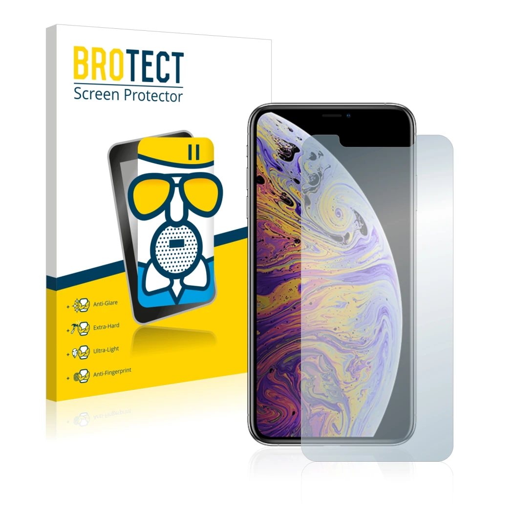Face avant d’un emballage produit avec le logo de la marque BROTECT. À côté, l’appareil Apple iPhone Xs Max est représenté ave
