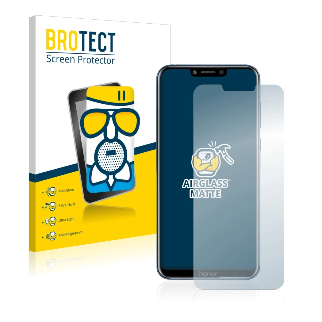 Face avant d’un emballage produit avec le logo de la marque BROTECT. À côté, l’appareil Honor Play est représenté avec la prot
