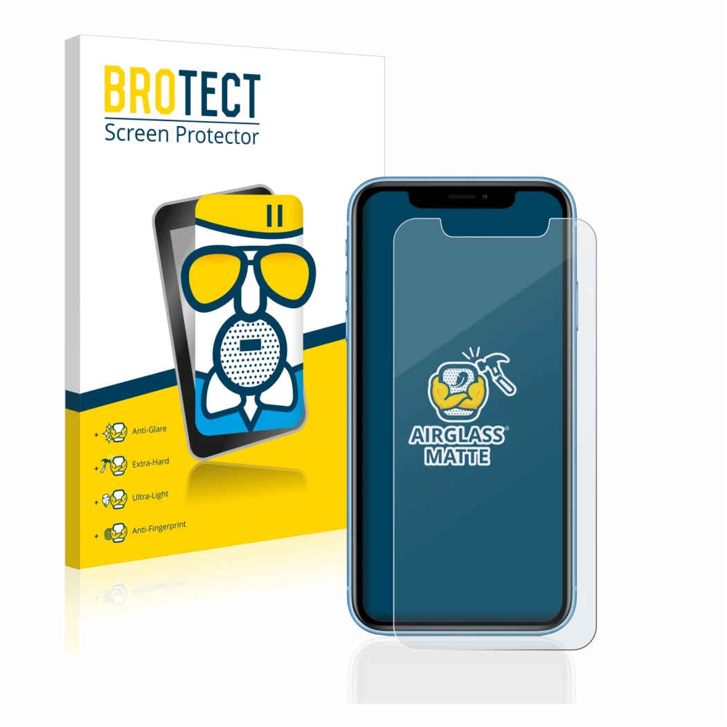 Face avant d’un emballage produit avec le logo de la marque BROTECT. À côté, l’appareil Apple iPhone XR est représenté avec la