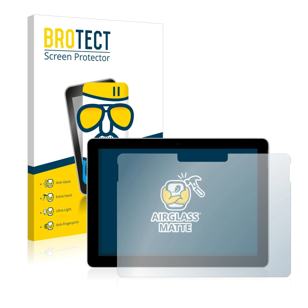 Face avant d’un emballage produit avec le logo de la marque BROTECT. À côté, l’appareil Microsoft Surface Go (1ère Gen.) est r