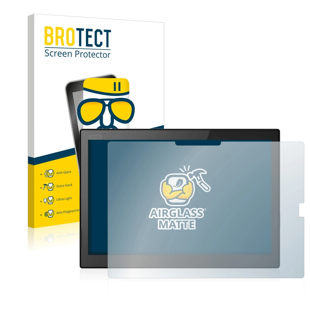 Face avant d’un emballage produit avec le logo de la marque BROTECT. À côté, l’appareil Lenovo ThinkPad X1 Tablet (3.Gen) est 