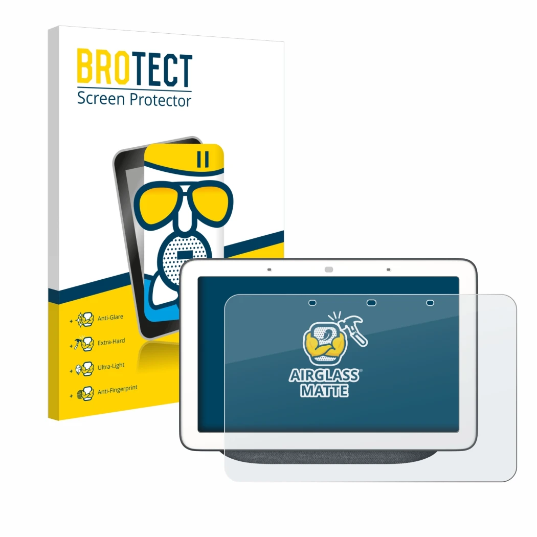 Face avant d’un emballage produit avec le logo de la marque BROTECT. À côté, l’appareil Google Home Hub est représenté avec la