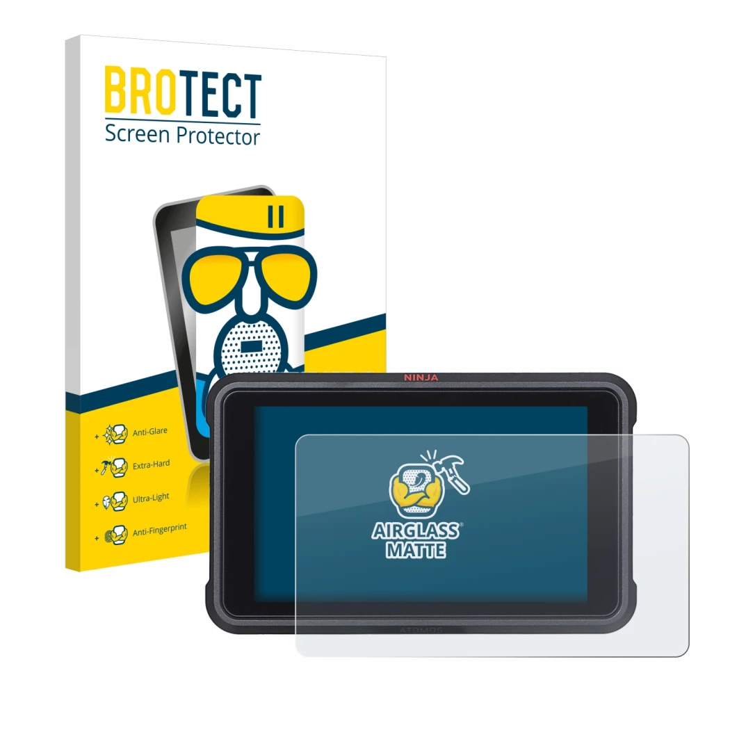 Face avant d’un emballage produit avec le logo de la marque BROTECT. À côté, l’appareil Atomos Ninja V est représenté avec la