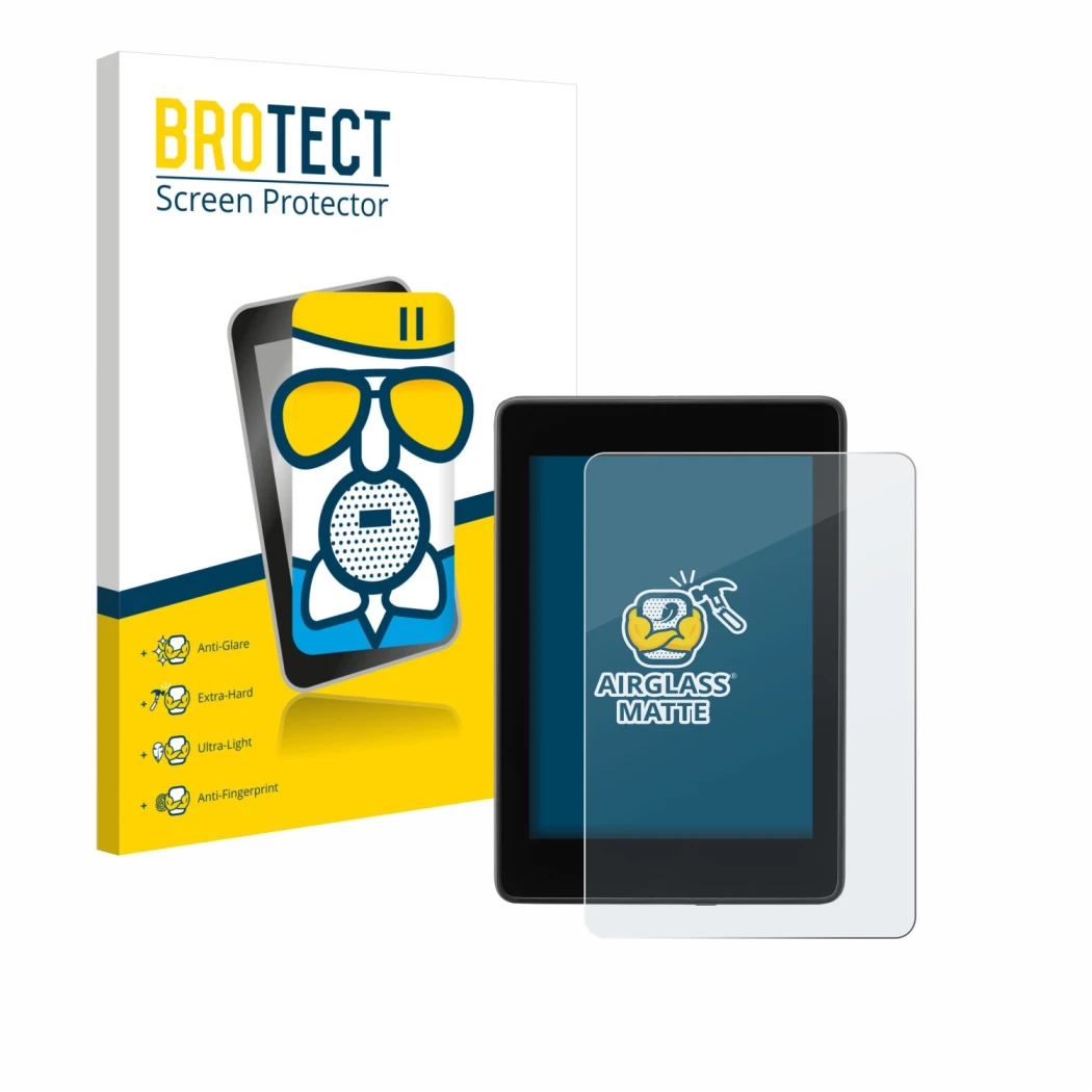 Face avant d’un emballage produit avec le logo de la marque BROTECT. À côté, l’appareil Amazon Kindle Paperwhite 2018 (10ème G