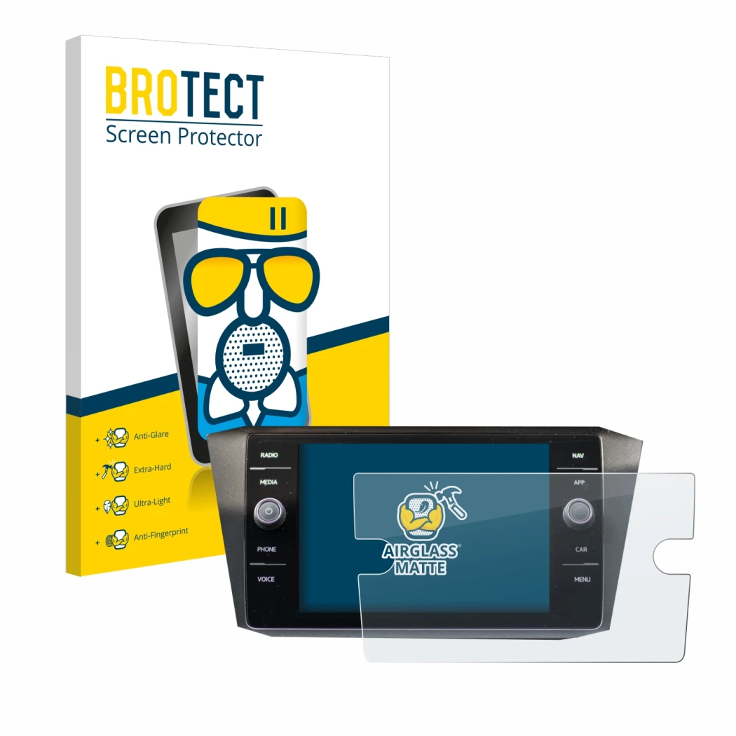 Face avant d’un emballage produit avec le logo de la marque BROTECT. À côté, l’appareil Volkswagen Tiguan Discover Media 8