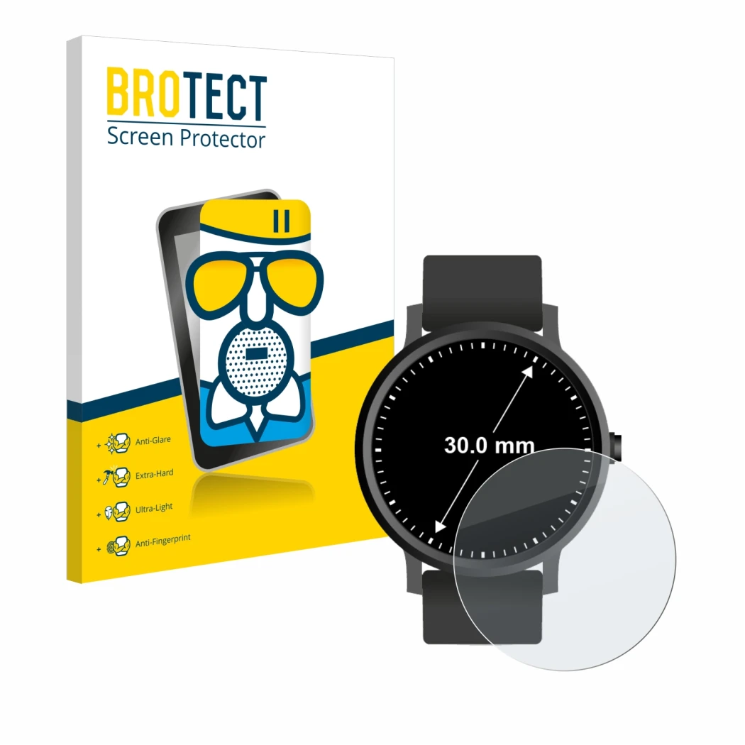 Face avant d’un emballage produit avec le logo de la marque BROTECT. À côté, l’appareil Circulaire Displays (ø: 30 mm) est rep