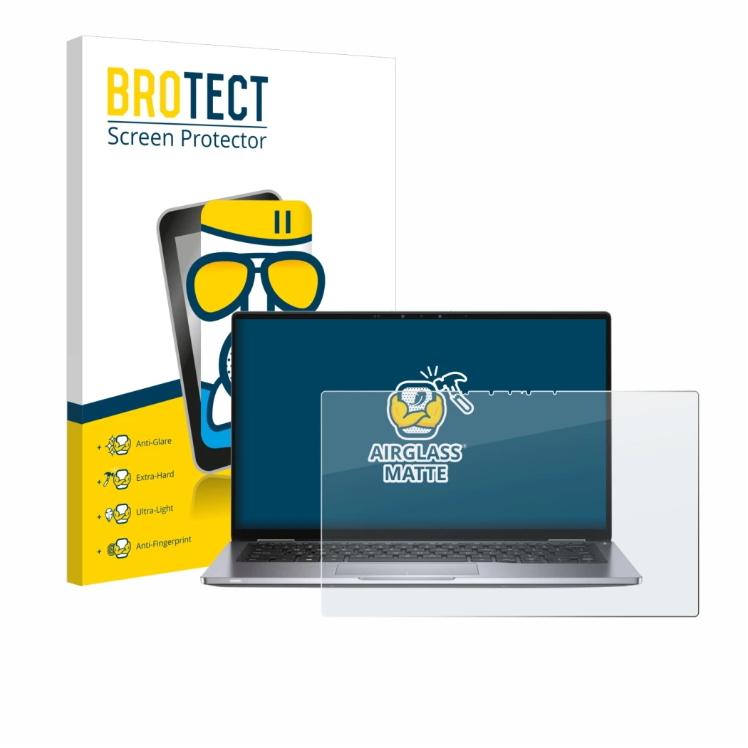 Face avant d’un emballage produit avec le logo de la marque BROTECT. À côté, l’appareil Dell Latitude 7400 2-in-1 est représen