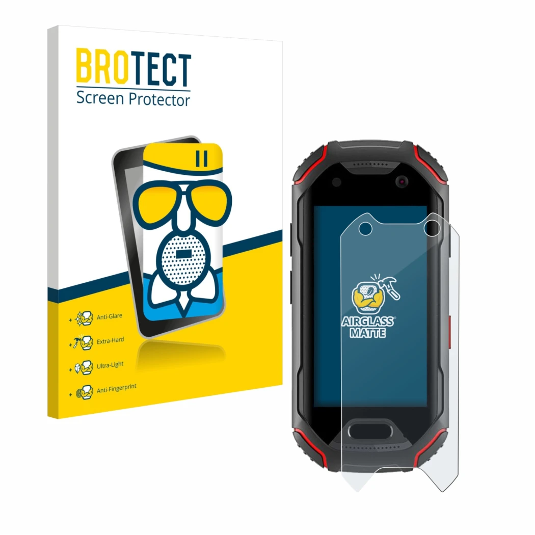 Face avant d’un emballage produit avec le logo de la marque BROTECT. À côté, l’appareil Unihertz Atom est représenté avec la p