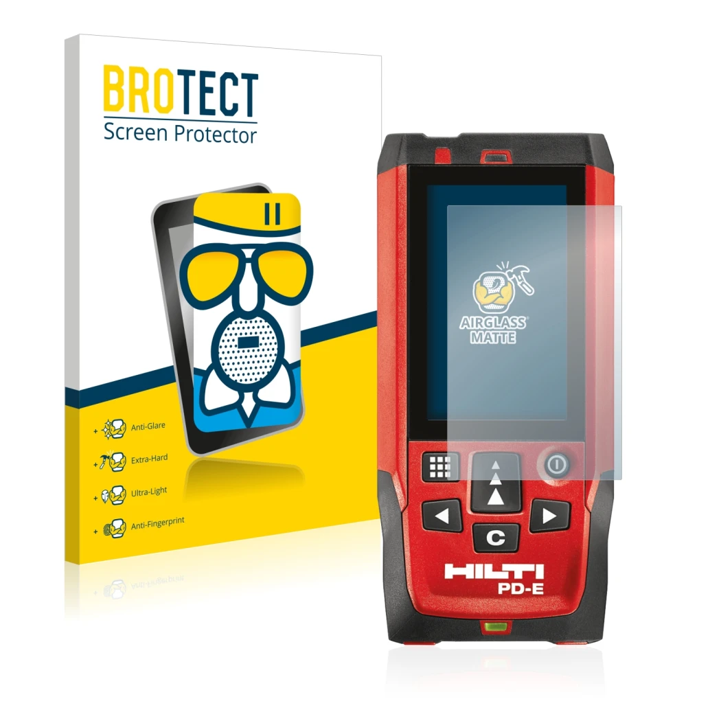 Face avant d’un emballage produit avec le logo de la marque BROTECT. À côté, l’appareil Hilti PD-E est représenté avec la prot