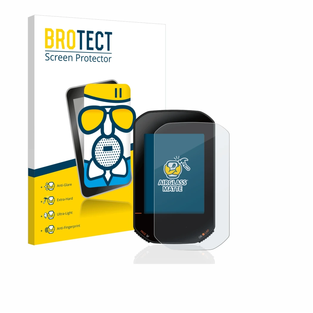 Face avant d’un emballage produit avec le logo de la marque BROTECT. À côté, l’appareil Bryton Rider 420 est représenté avec l