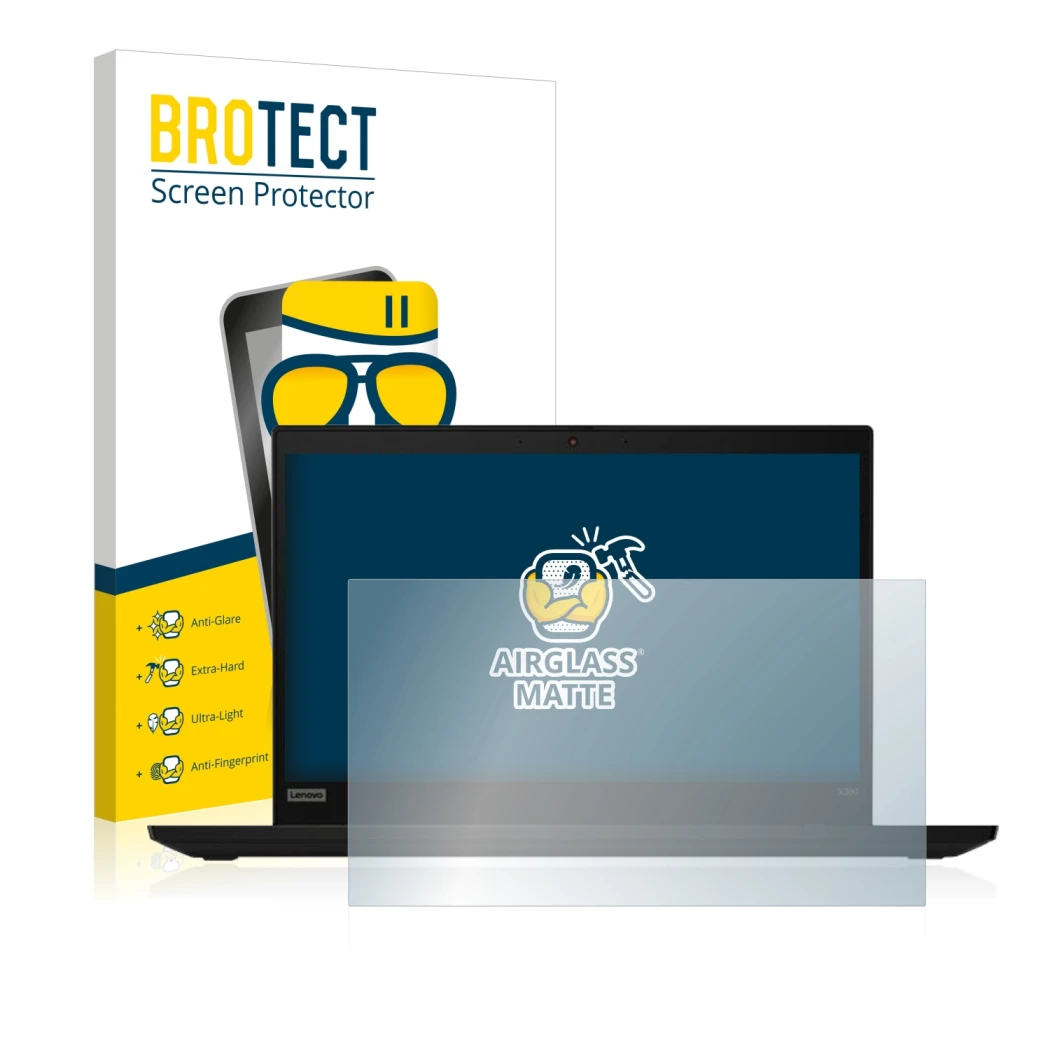 Face avant d’un emballage produit avec le logo de la marque BROTECT. À côté, l’appareil Lenovo ThinkPad X390 Non-Touch est rep