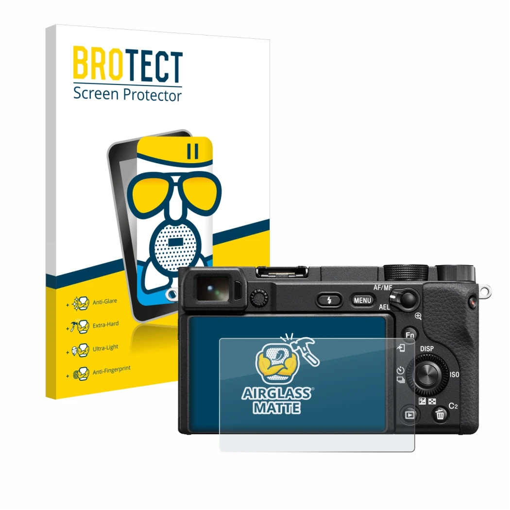 Face avant d’un emballage produit avec le logo de la marque BROTECT. À côté, l’appareil Sony Alpha 6100 est représenté avec la