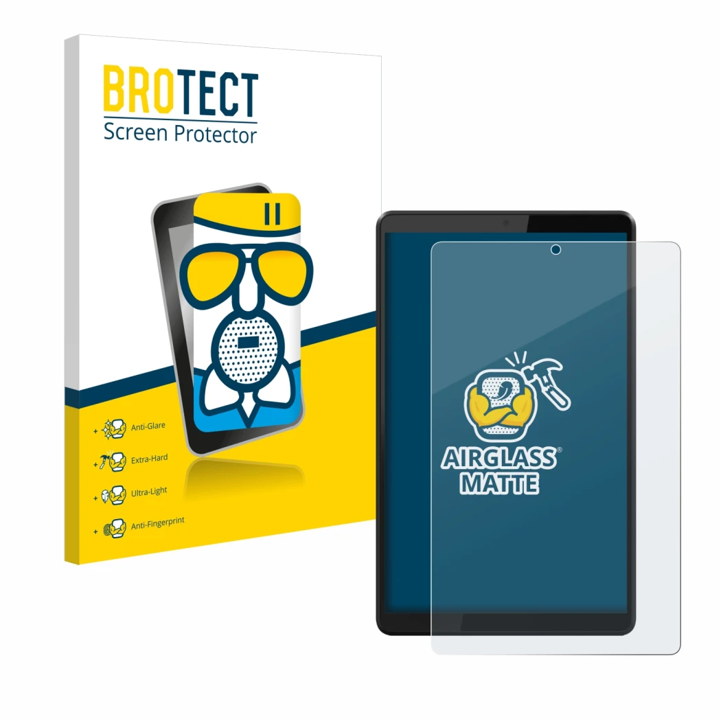 Face avant d’un emballage produit avec le logo de la marque BROTECT. À côté, l’appareil Lenovo Tab M8 est représenté avec la p