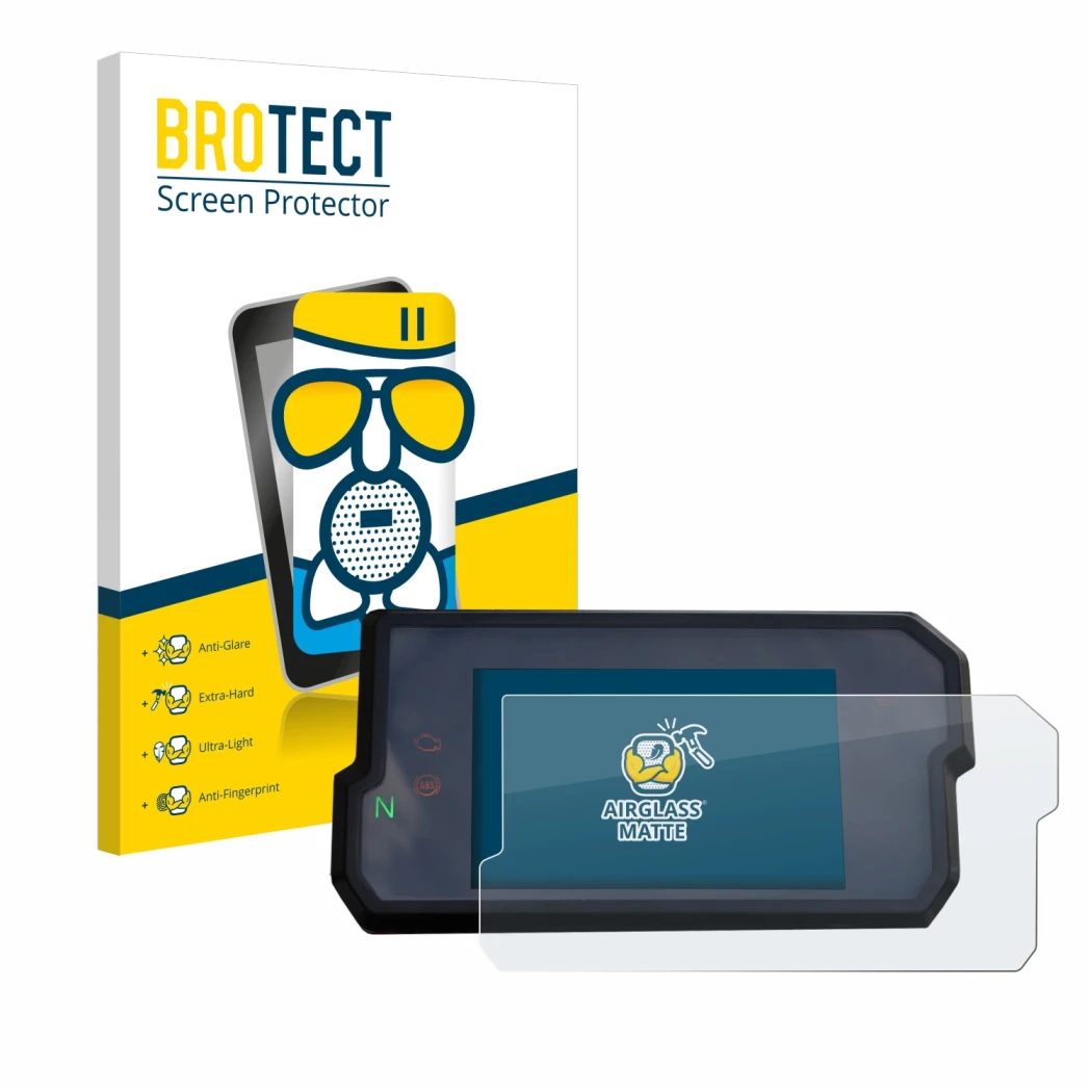 Face avant d’un emballage produit avec le logo de la marque BROTECT. À côté, l’appareil KTM 125 / 390 Duke 2017+ est représent